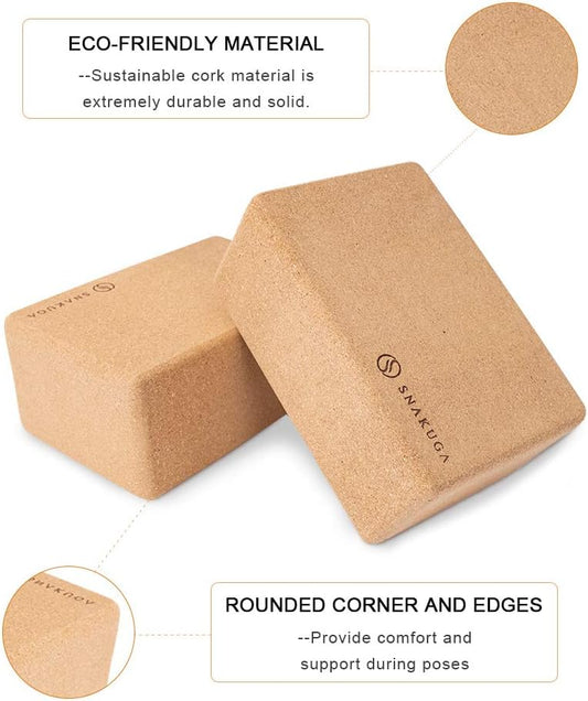 Cork Yoga Block 2 Pack for Pilates 9"x6"x4" Non-Slip & High Density