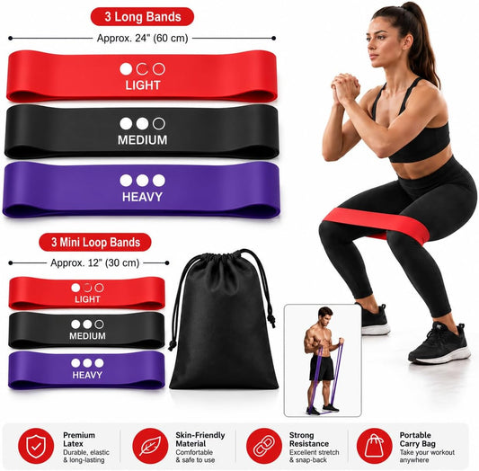 6-Piece Resistance Bands Set for Men & Women – 3 Long Full + 3 Mini Exercise Bands with Carry Bag – Light, Medium & Heavy Levels for Full-Body Strength Training, Stretching, Fitness & Home Workouts