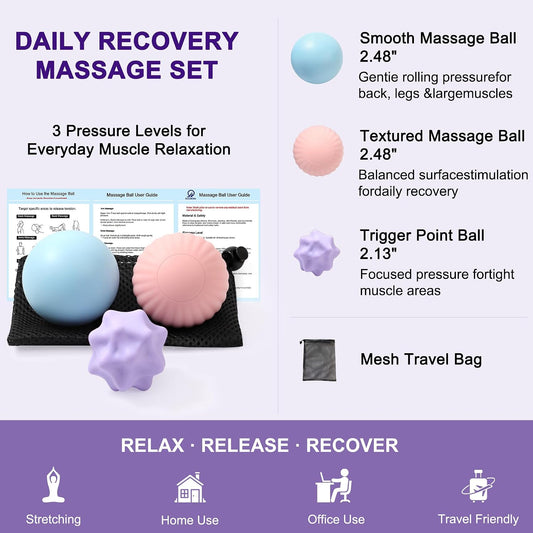 HODEMI Massage Ball Set, 3 Pack Lacrosse Ball, Textured Massage Ball & Trigger Point Ball for Deep Tissue Muscle Massage and Myofascial Release for Back, Neck, Shoulder, Leg and Foot with Mesh Bag