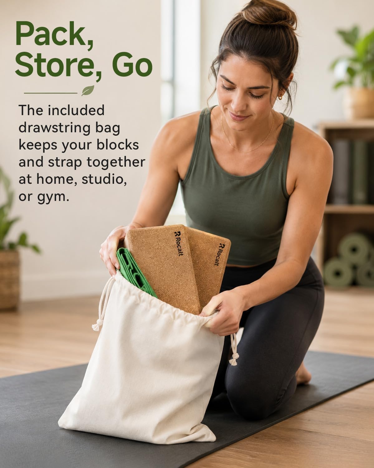 Rocalt Natural Cork Yoga Blocks 2 Pack with Strap and Storage Bag