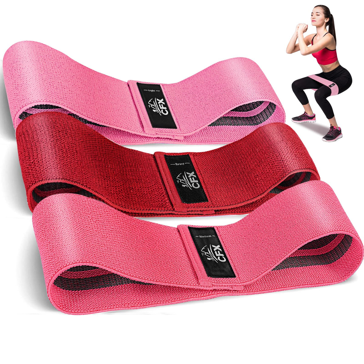 CFX Resistance Bands Set, Exercise Bands with Non-Slip Design for Hips & Glutes, 3 Levels Workout Bands for Women and Men, Booty Bands for Home Fitness, Yoga, Pilates