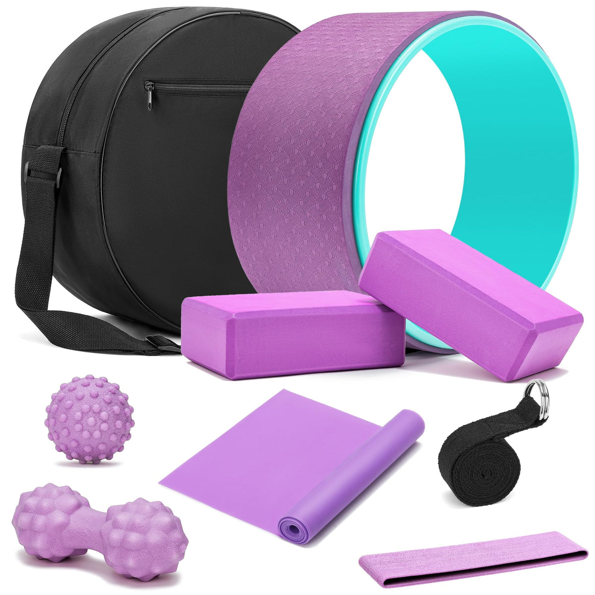 All in One Yoga Wheel Set, Soft Foam Roller Wheel for Back Pain & Stretching, Yoga Blocks 2 Pack with Strap, Trigger Point Therapy Massage Ball for Deep Tissue, Yoga Starter Kit for Beginner