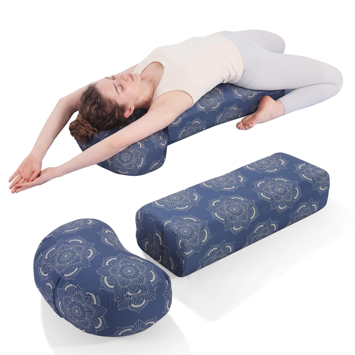MABOZOO 2-Piece Yoga Bolster Pillow, Rectangular & Crescent Meditation Cushions with Removable Cover for Restorative Yoga, Meditation Accessories for Sitting on Floor