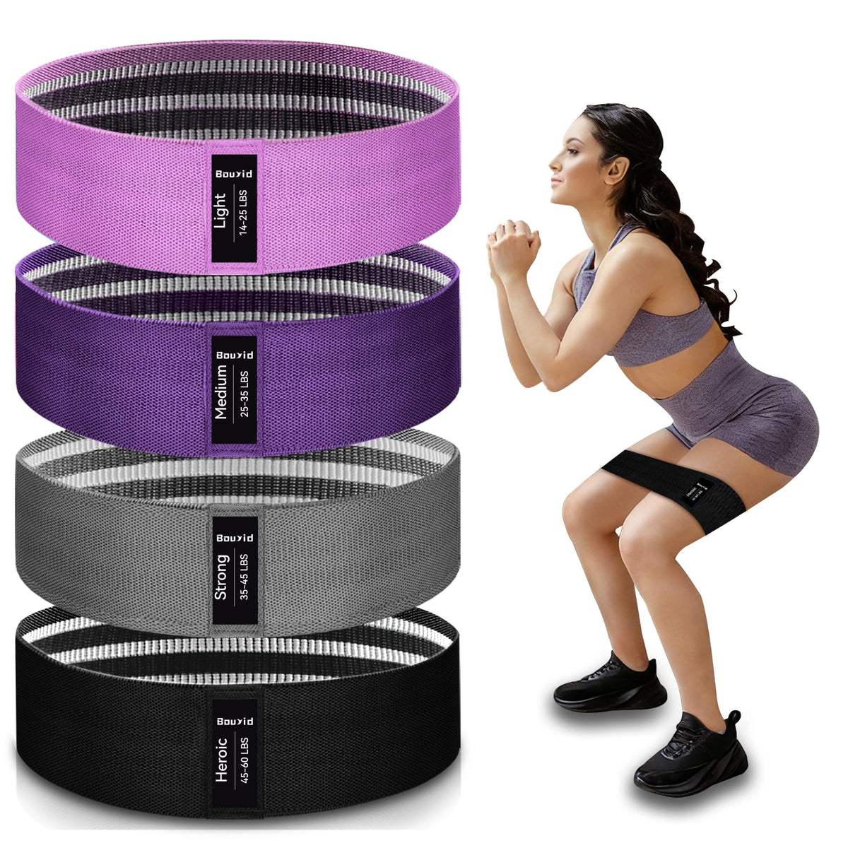 Resistance Bands for Working Out, 4 Levels Exercise Bands for Women & Men, Elastic Workout Band for Physical Therapy, Fabric Booty Band for Gym, Yoga, Pilates, Leg Training