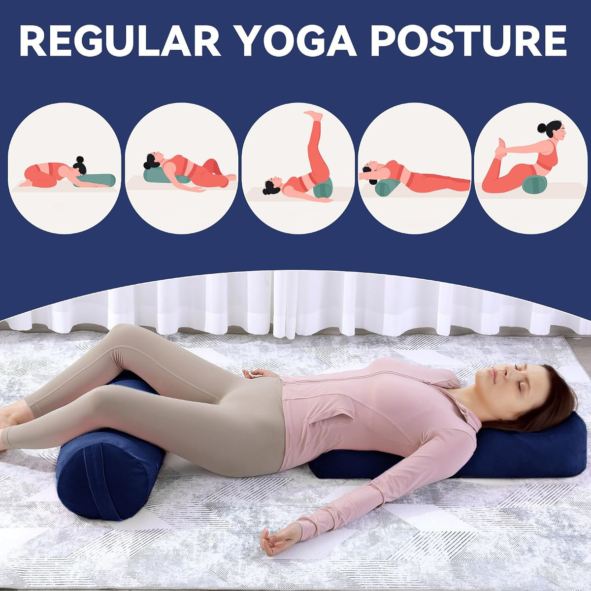 ROYALAY 2 Pcs Yoga Bolster Pillow for Restorative Yoga, Rectangular and Cylinder Meditation Pillow Set with Carrying Handles, Supportive Cushion for Exercise Workout Stretching Meditation,Dark Blue
