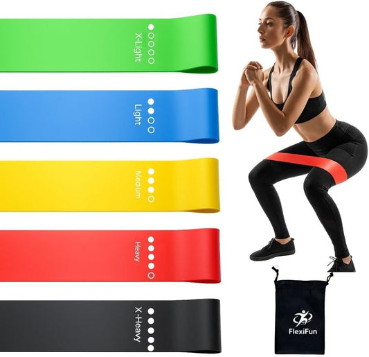 Set of 5 Mini Loop Resistance Bands – 5 Levels (X-Light to X-Heavy), 50mm Wide – Legs, Glutes & Full-Body Home Workout – Carry Bag Included