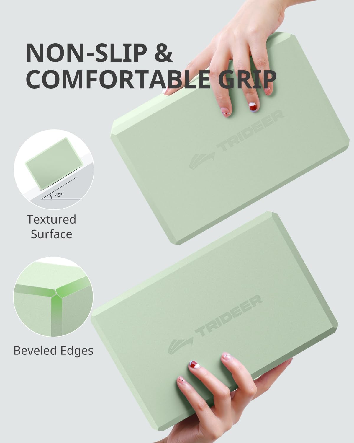 Trideer Yoga Blocks 2 Pack, Soft Non-Slip Foam Blocks with Beveled Edges for Alignment and Stretching in Yoga, Pilates, and Dance - Supportive, Lightweight, Odor Resistant, Latex-Free