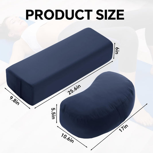 MABOZOO 2-Piece Yoga Bolster Pillow, Rectangular & Crescent Meditation Cushions with Removable Cover for Restorative Yoga, Meditation Accessories for Sitting on Floor
