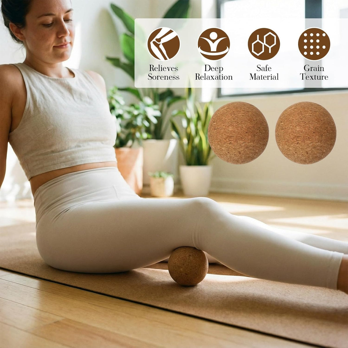 Soulchen 5 Pack Yoga Accessories for Women Set Yoga Block 2 Pack with Strap Massage Ball for Meditation Pilates Cork Blocks Stretching Home Gym Natural High-Density, 12"x8"x2"