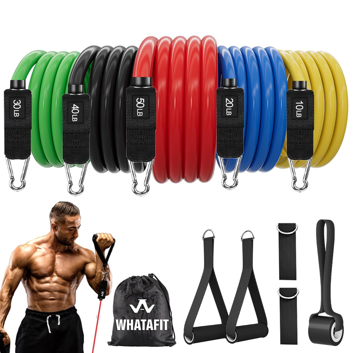 WHATAFIT Resistance Bands with Handles, 150 lb Exercise Bands Set