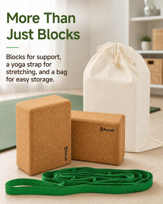 Rocalt Natural Cork Yoga Blocks 2 Pack with Strap and Storage Bag