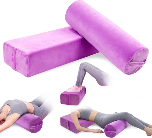 JZHLLA 2 PCS Yoga Bolster Pillow Set Washable Velvet Cover Meditation Bolster with High Density Foam and Carry Handle Rectangular and Cylinder Bolsters for Restorative Yoga