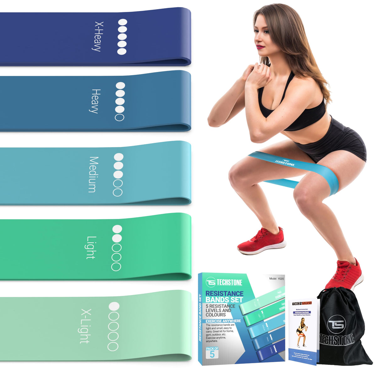 TechStone Resistance Bands Set – 5 Levels Loop Exercise Bands for Men & Women, Elastic Workout Bands for Home Gym, Training, Yoga & Fitness, Carry Bag Included