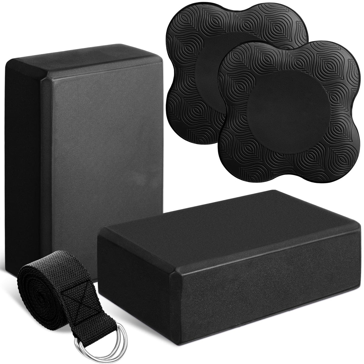 RoundFunny 5 Pcs Yoga Blocks Knee Pads Strap Set Foam Pilates