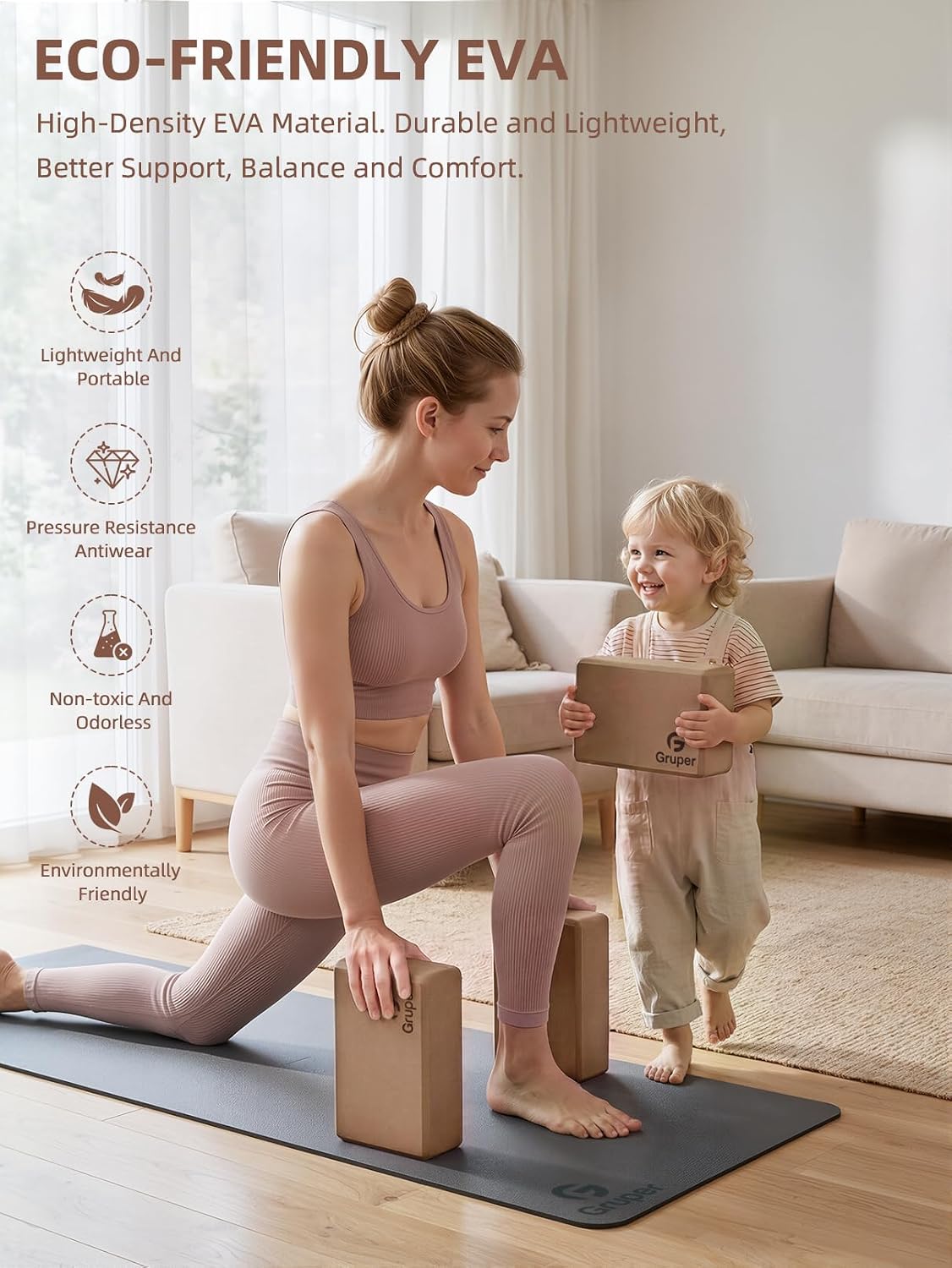 Gruper Yoga Blocks 2 Pack, 9"x6"x3" Exercise Blocks Pilates Blocks