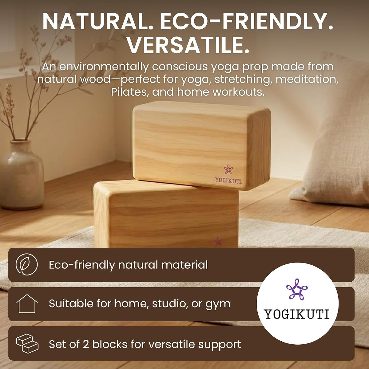 Solid Wooden Yoga Blocks Set of 2 | Premium Pine Wood Iyengar Yoga Blocks | Solid, Durable & Smooth Rounded Edges | Wooden Yoga Props for Stretching, Balance, Alignment & Home Studio Practice