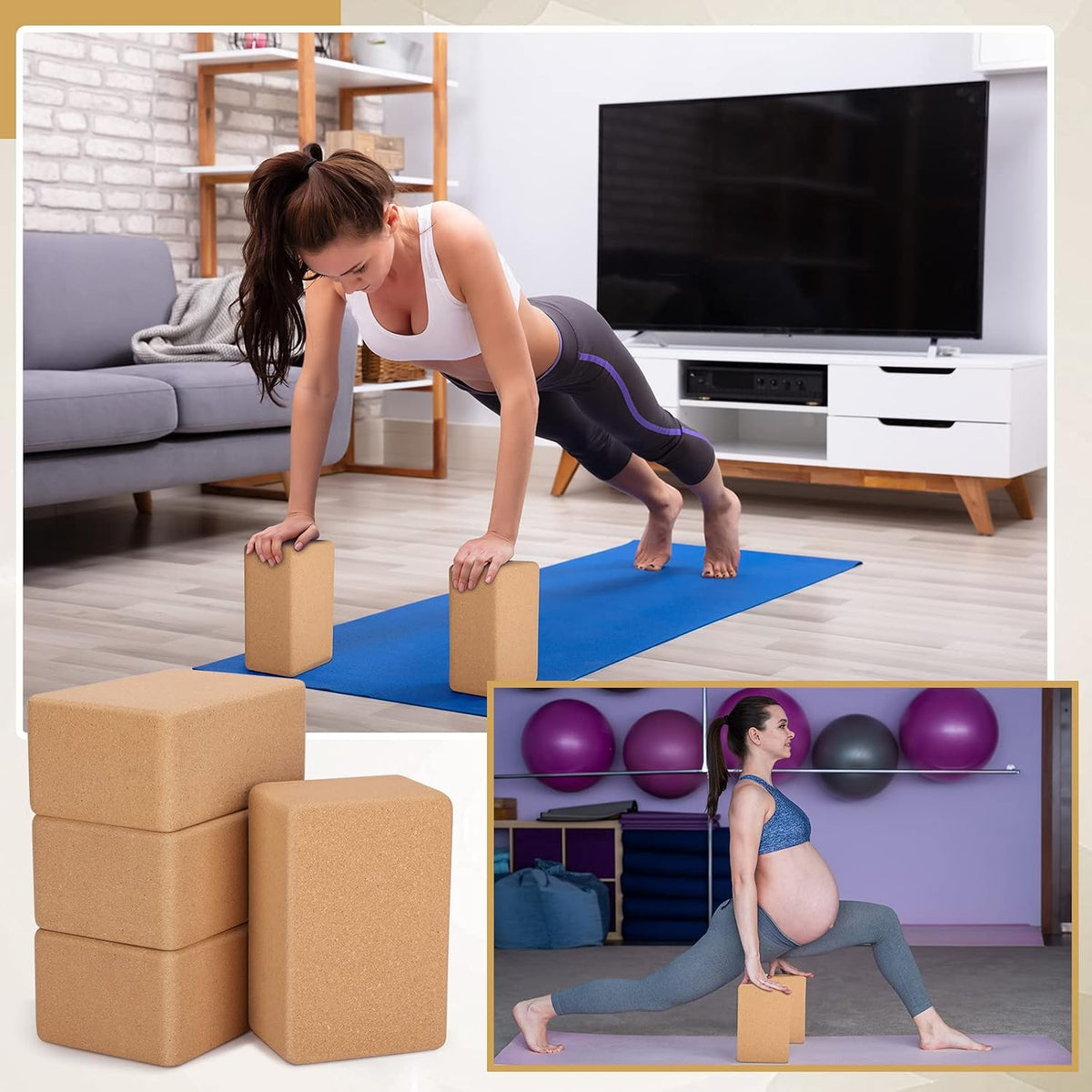 Leitee 4 Pcs Cork Yoga Blocks, 9 x 6 x 4 in Non Slip Bricks