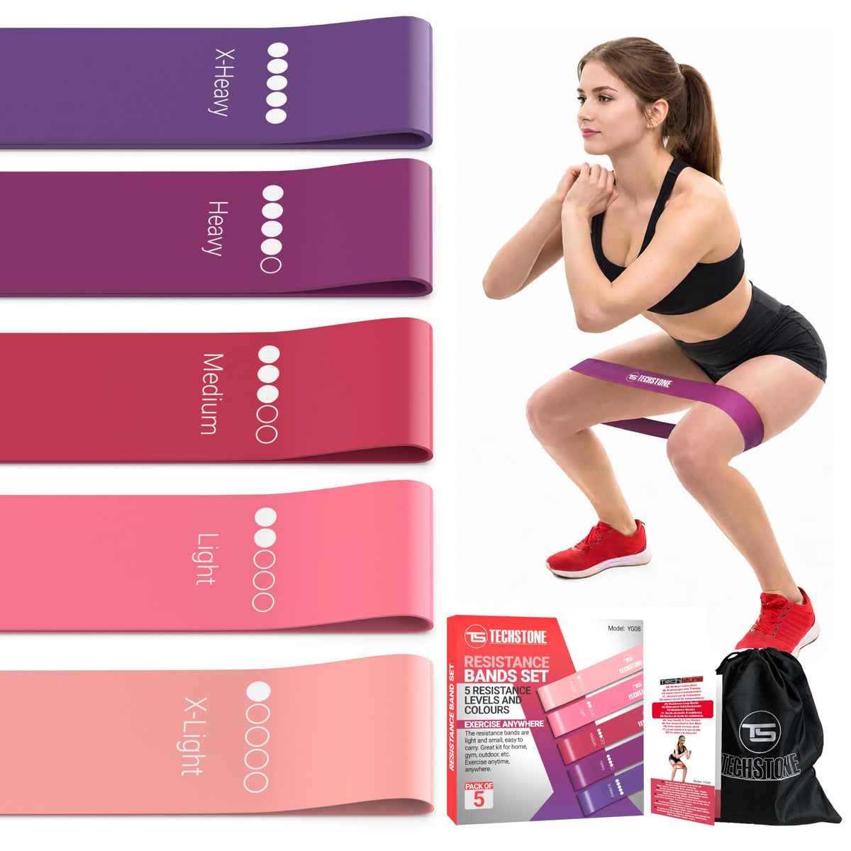 TechStone Resistance Bands Set – 5 Levels Loop Exercise Bands for Men & Women, Elastic Workout Bands for Home Gym, Training, Yoga & Fitness, Carry Bag Included
