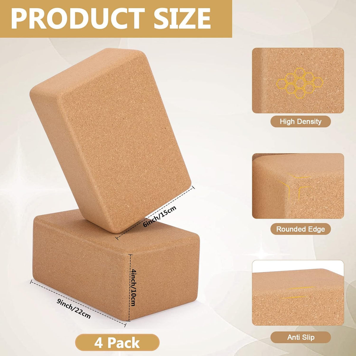 Leitee 4 Pcs Cork Yoga Blocks, 9 x 6 x 4 in Non Slip Bricks