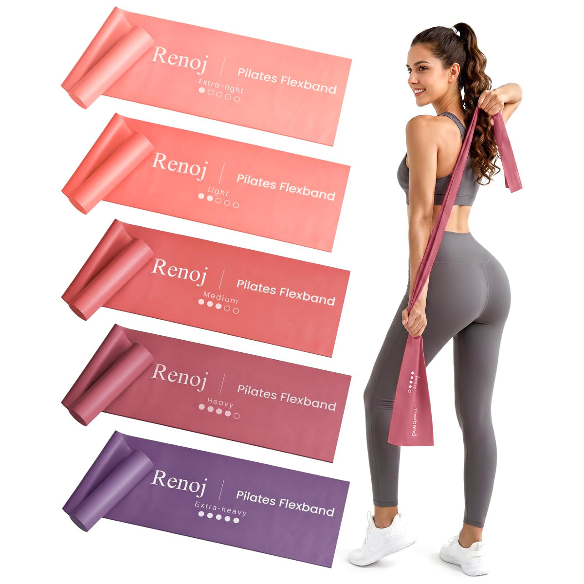 Renoj Pilates Flexbands, 5-Pack Latex-Free Resistance Bands Set – Exercise Bands for Pilates, Yoga, Stretching & Physical Therapy | Home Gym Equipment for Women & Men