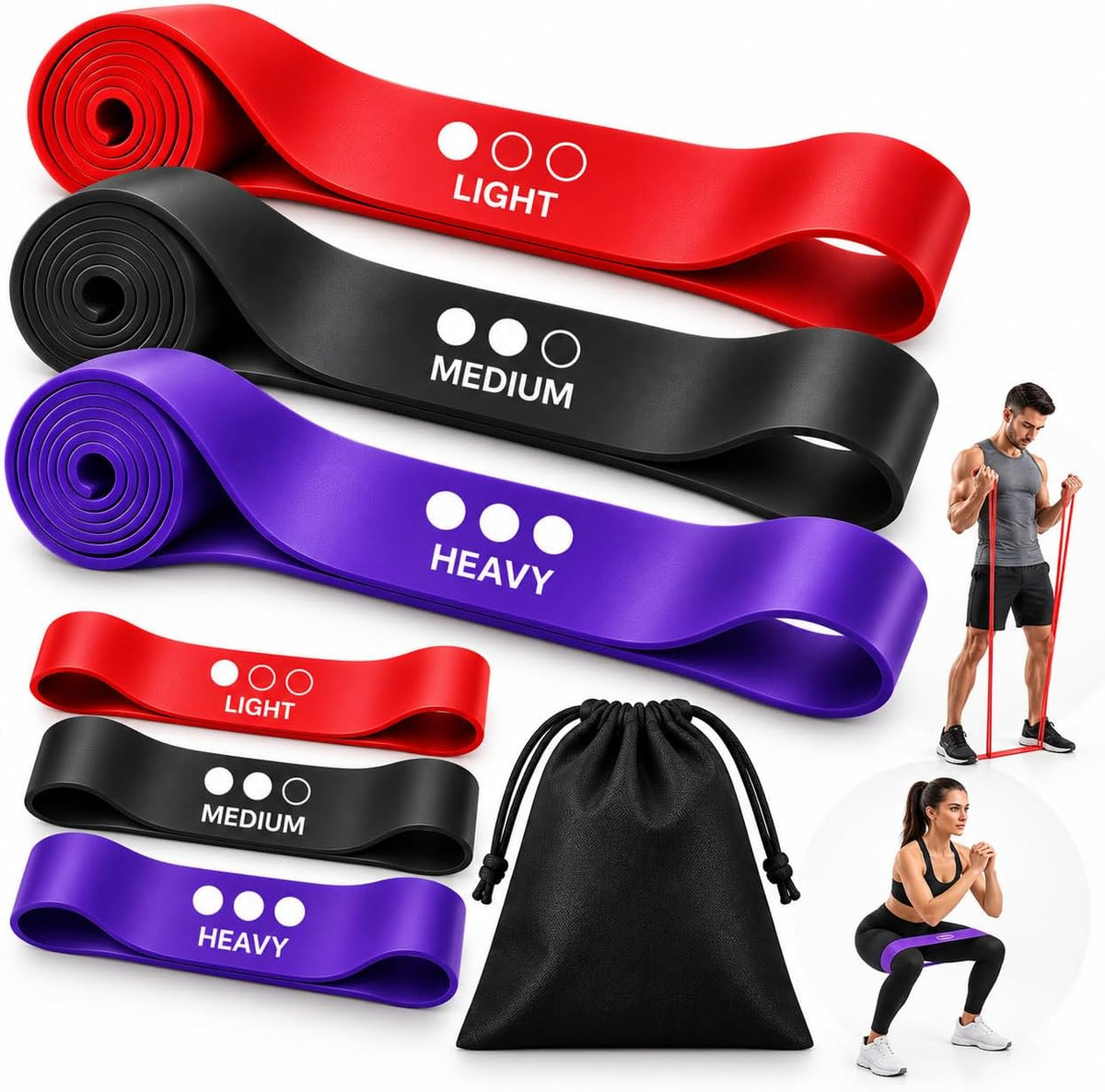 6-Piece Resistance Bands Set for Men & Women – 3 Long Full + 3 Mini Exercise Bands with Carry Bag – Light, Medium & Heavy Levels for Full-Body Strength Training, Stretching, Fitness & Home Workouts