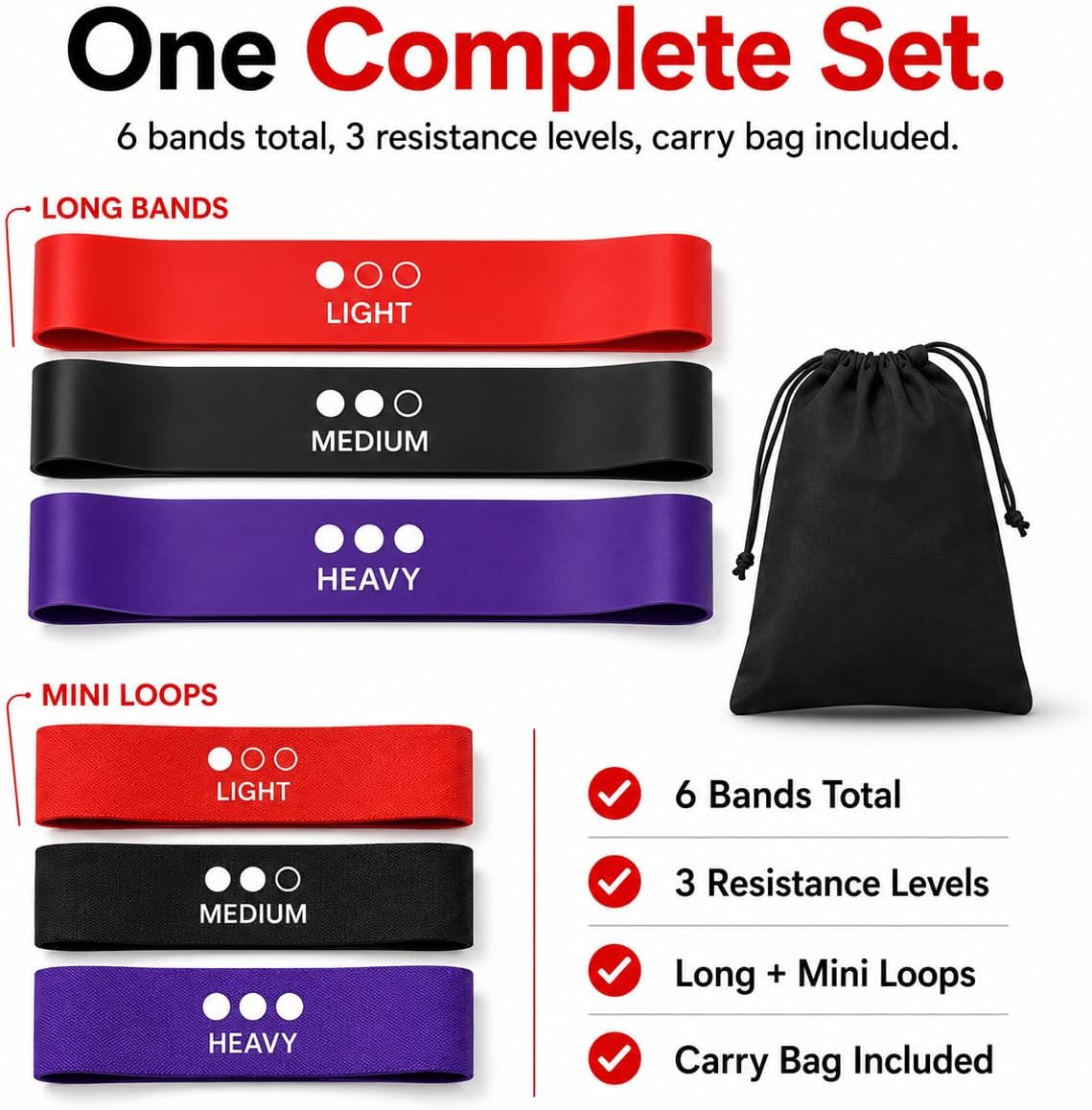 6-Piece Resistance Bands Set for Men & Women – 3 Long Full + 3 Mini Exercise Bands with Carry Bag – Light, Medium & Heavy Levels for Full-Body Strength Training, Stretching, Fitness & Home Workouts