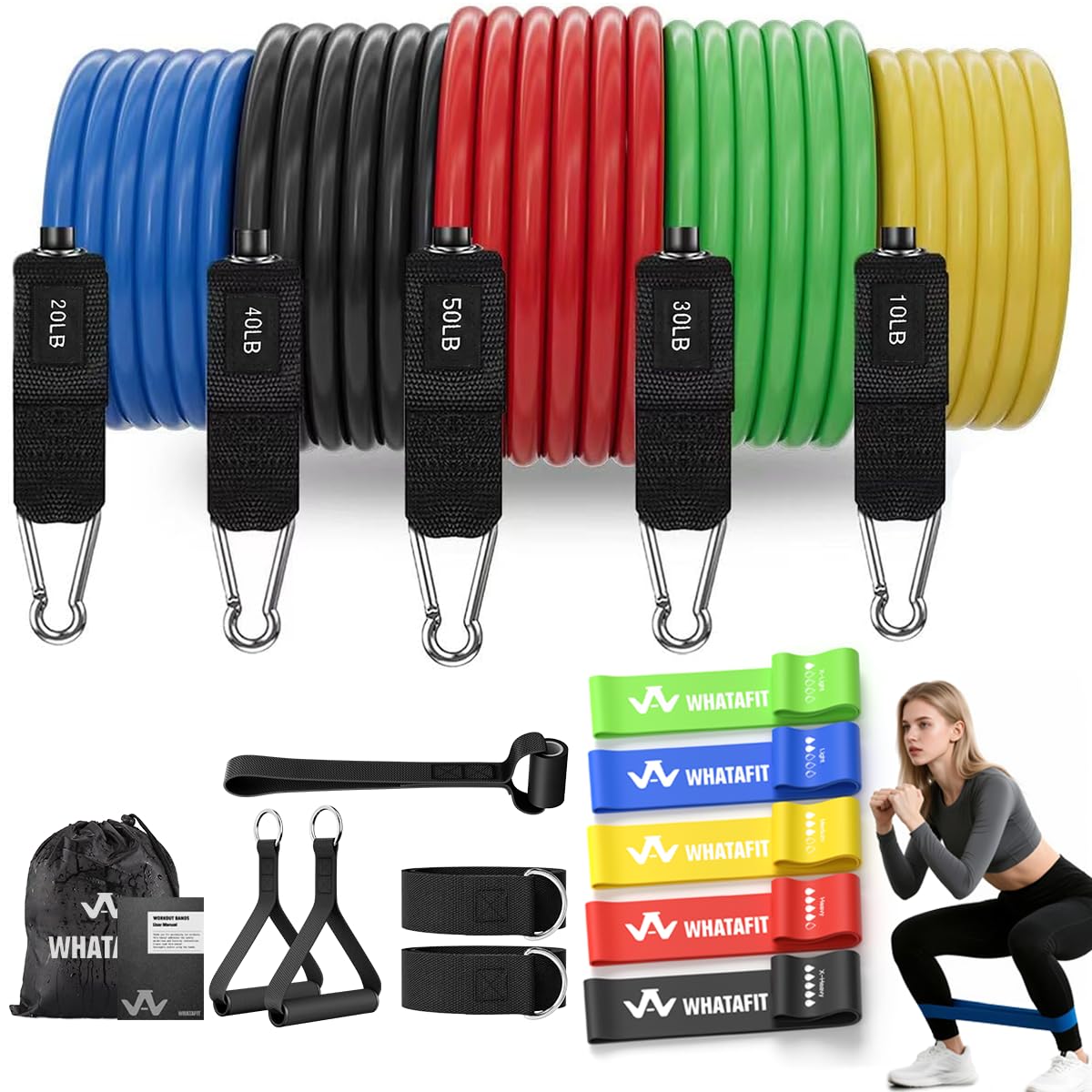 WHATAFIT Resistance Bands with Handles, 150 lb Exercise Bands Set