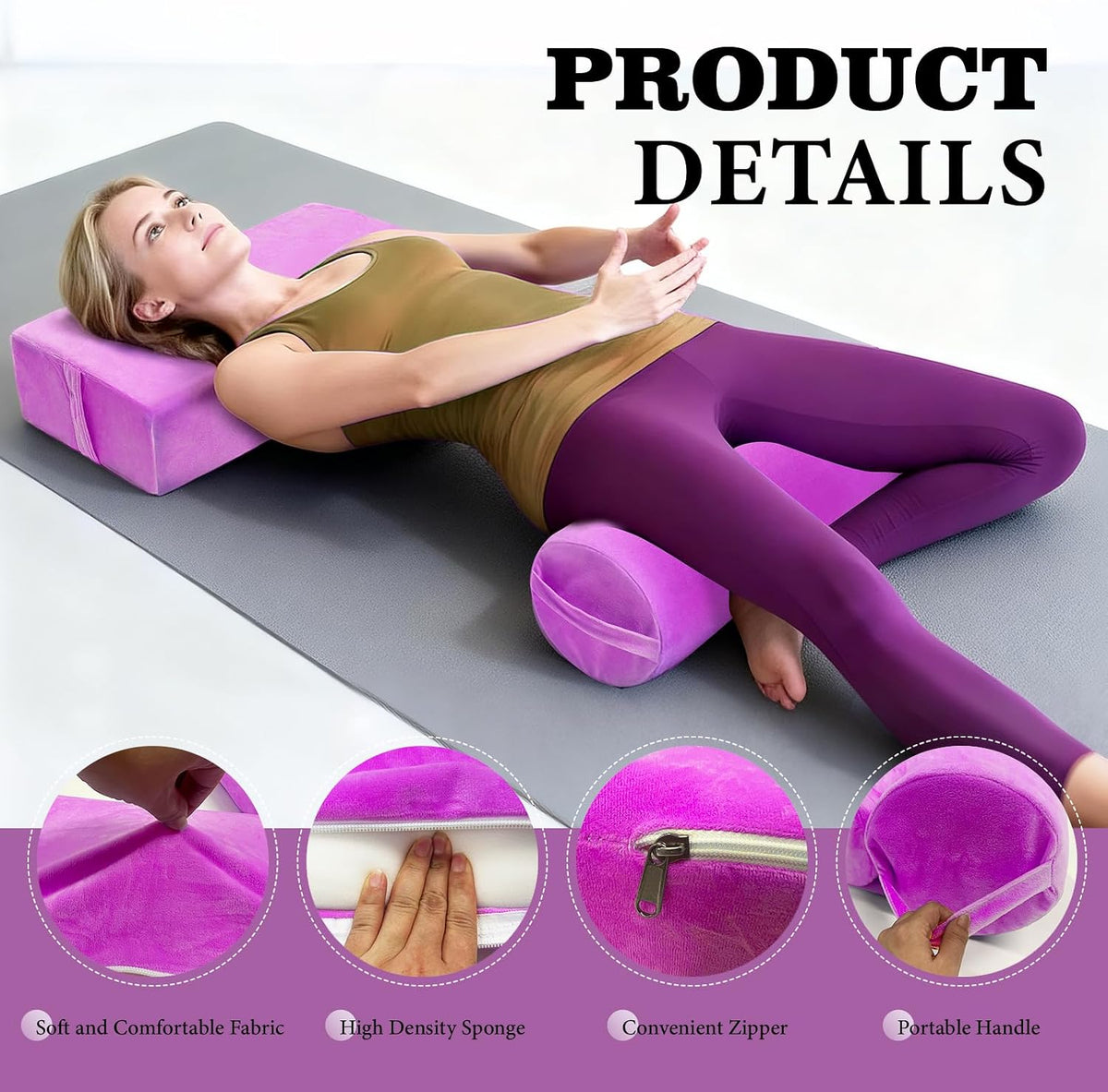 JZHLLA 2 PCS Yoga Bolster Pillow Set Washable Velvet Cover Meditation Bolster with High Density Foam and Carry Handle Rectangular and Cylinder Bolsters for Restorative Yoga
