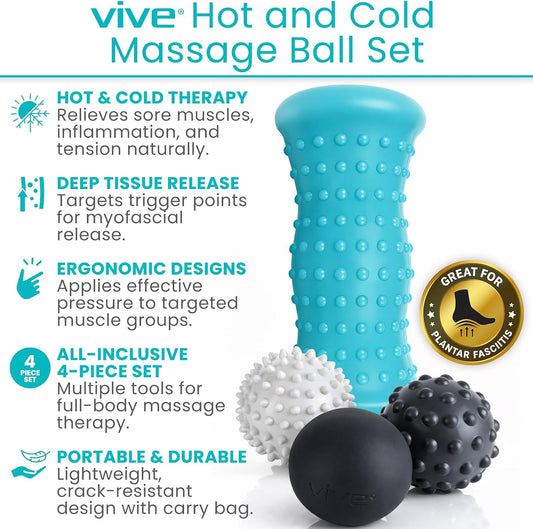 Vive Massage Ball Set (4 Piece) - Plantar Fasciitis Relief Foot Pain Hot