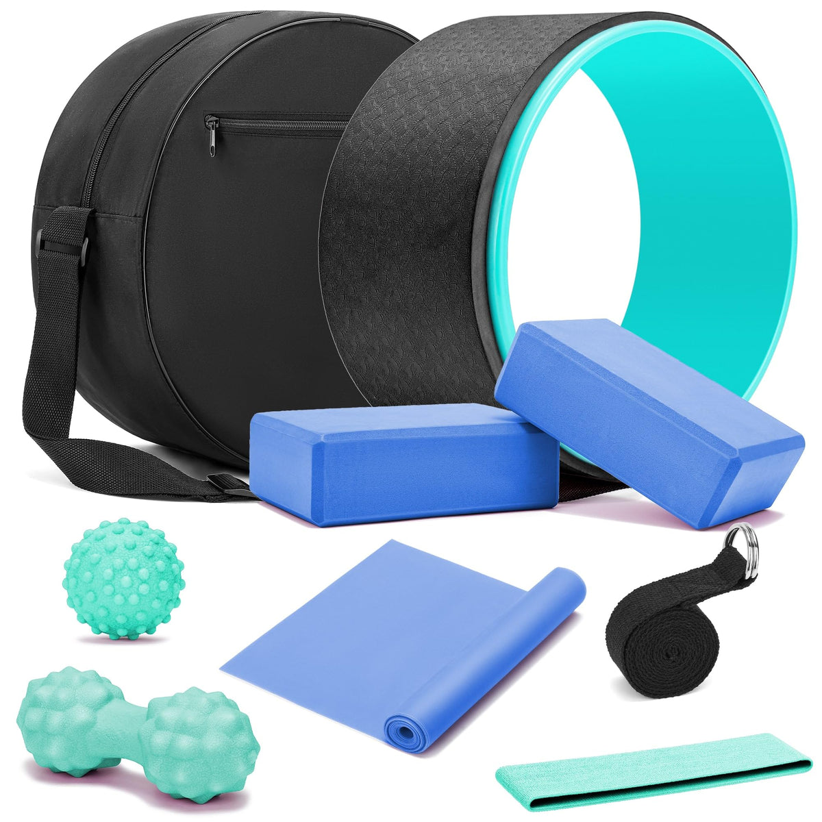 All in One Yoga Wheel Set, Soft Foam Roller Wheel for Back Pain & Stretching, Yoga Blocks 2 Pack with Strap, Trigger Point Therapy Massage Ball for Deep Tissue, Yoga Starter Kit for Beginner