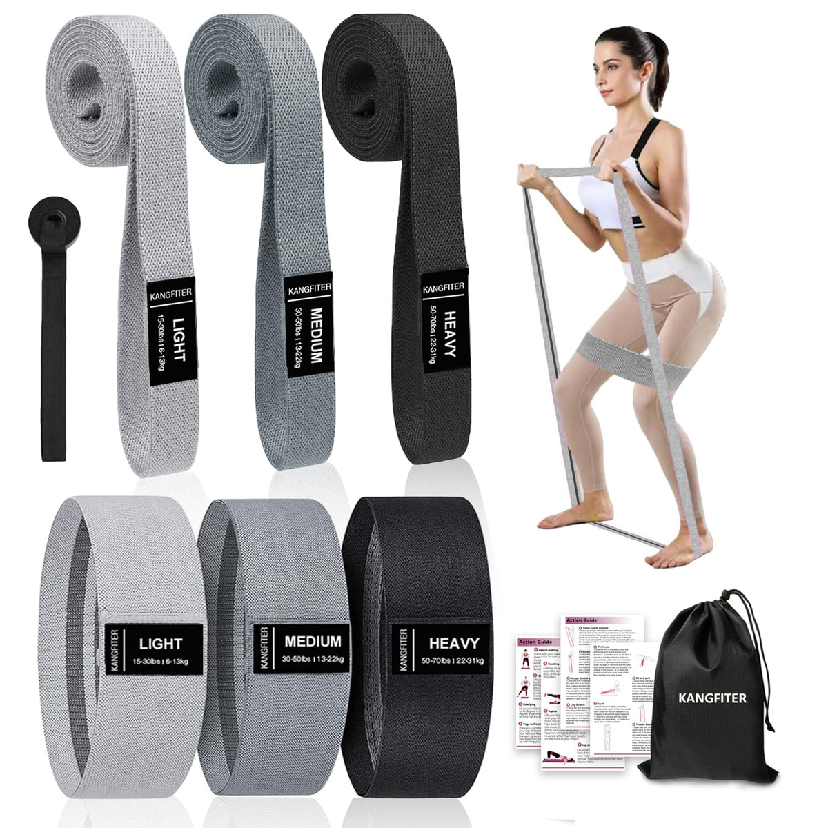 KANGFITER Long and Short 6 Fabric Resistance Bands Set with Door Anchor