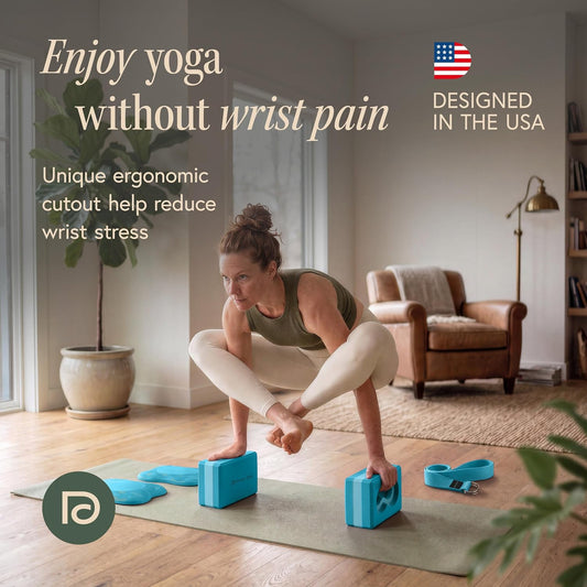 Yoga Blocks Wrist Support; Yoga Blocks 2 Pack with Knee Pads and Strap to Put Less Weight on Wrists; Durable, Versatile Yoga Brick Exercise Block Set, Blocks Yoga