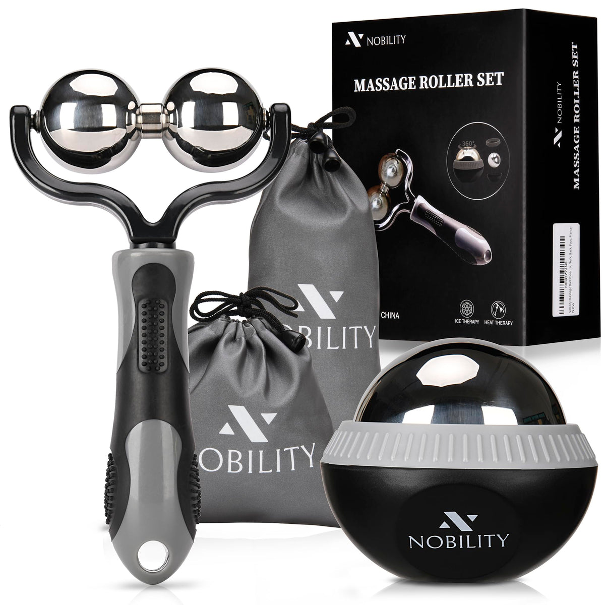 Nobility Massage Ball Roller– Ice Cold and Hot for Deep Tissue and Sore Muscle Relief of Stiffness and Stress, Body, Neck, Back, Foot, Plantar Double Grey