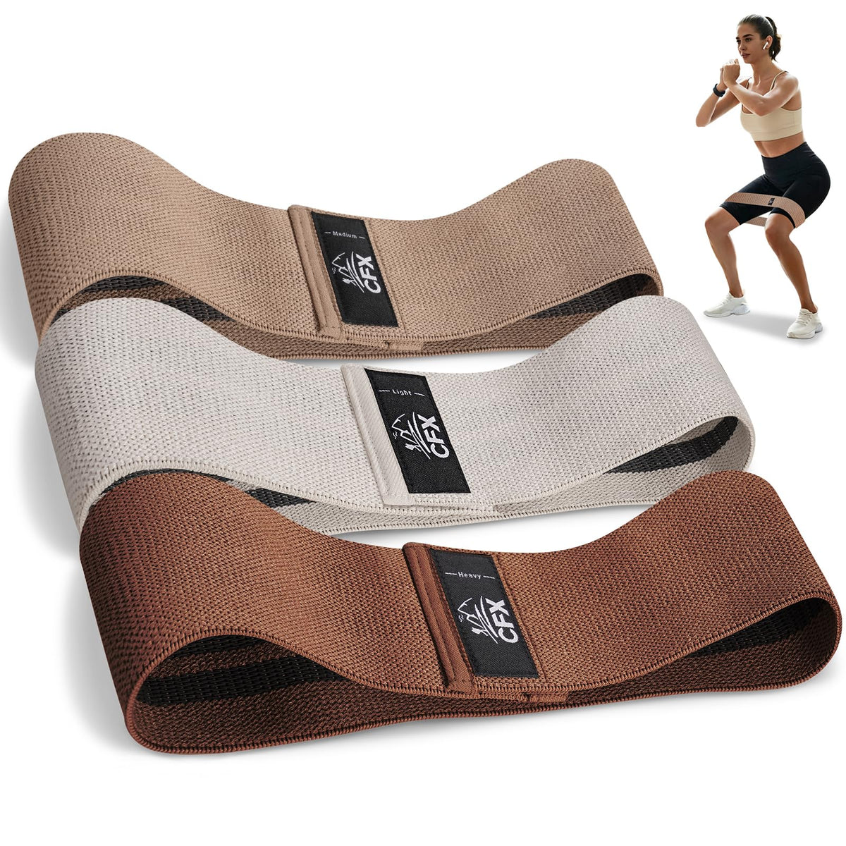 CFX Resistance Bands Set, Exercise Bands with Non-Slip Design for Hips & Glutes, 3 Levels Workout Bands for Women and Men, Booty Bands for Home Fitness, Yoga, Pilates
