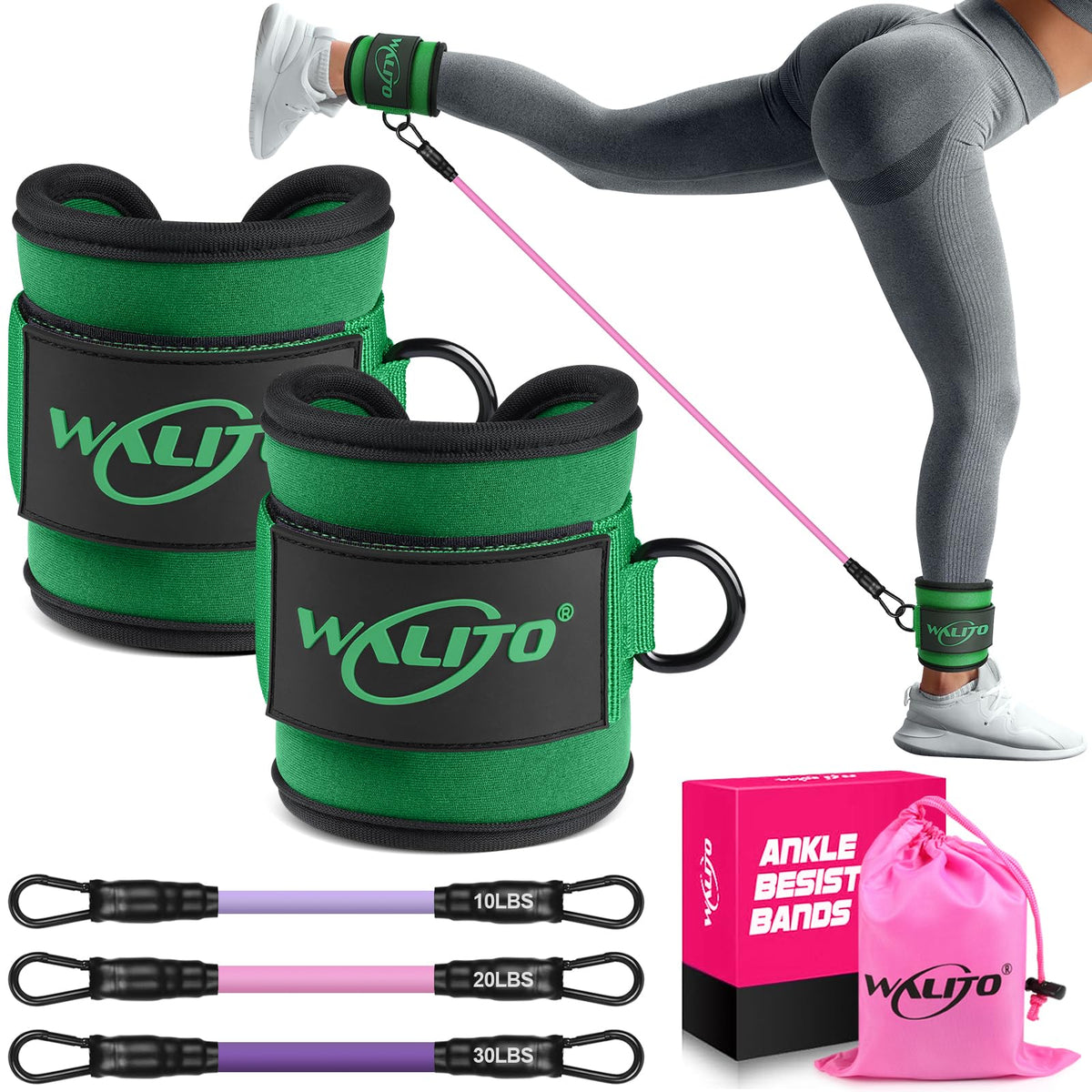 WALITO Ankle Resistance Bands with Cuffs, Exercise Bands for Legs and Butt, Booty Workout Equipment for Kickbacks and Hip Fitness Training