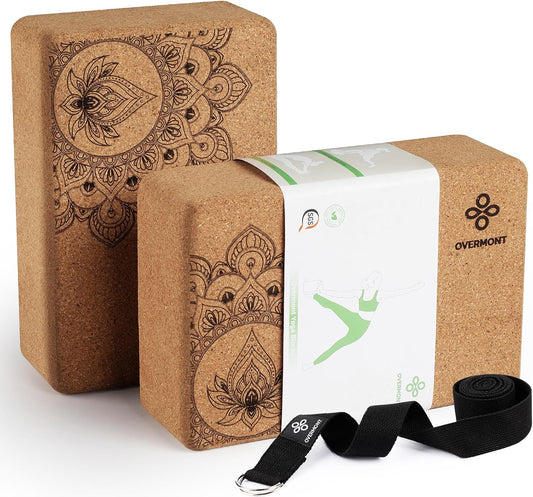 Overmont Cork Yoga Blocks 2 pack with 8ft Strap Natural Cork Bricks