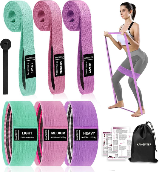 KANGFITER Long and Short 6 Fabric Resistance Bands Set with Door Anchor