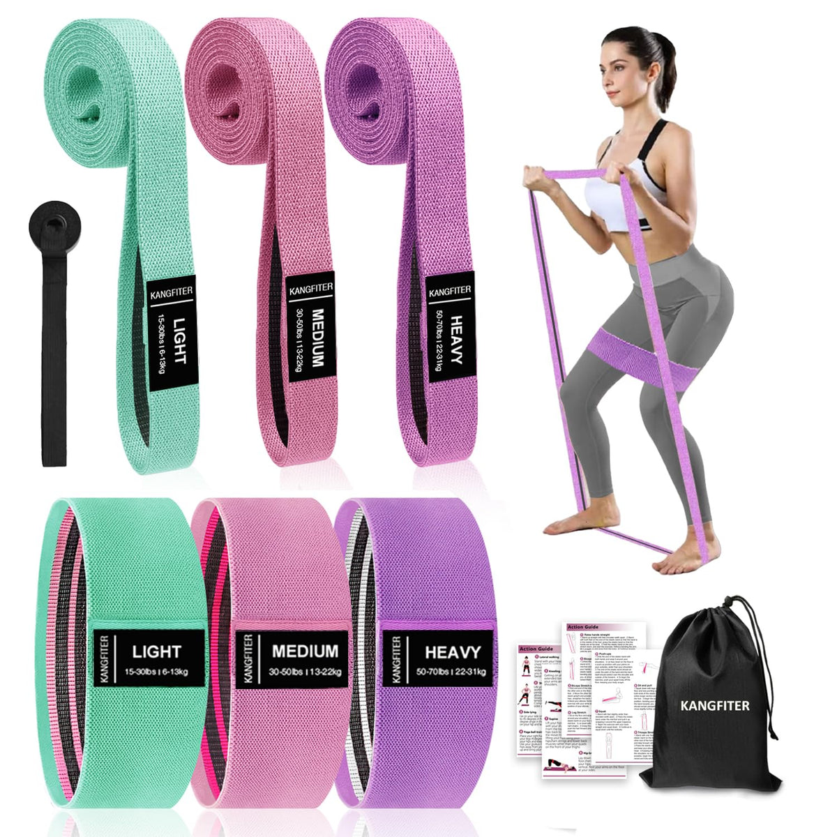 KANGFITER Long and Short 6 Fabric Resistance Bands Set with Door Anchor