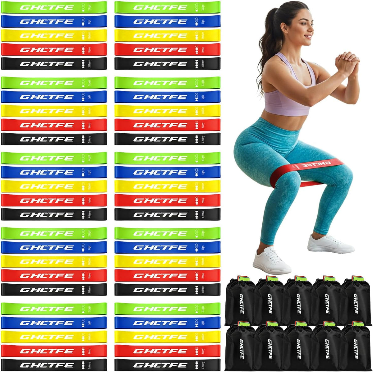 50PCS Resistance Bands Bulk Pack for Gym Studios, Trainers & Schools, 10 Mini Bands Sets, 5 Levels Color-Coded Durable Loop Exercise Bands for Pilates, Yoga, Rehab, Gift for Team Fitness