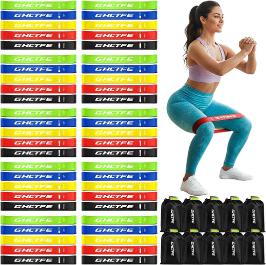 50PCS Resistance Bands Bulk Pack for Gym Studios, Trainers & Schools, 10 Mini Bands Sets, 5 Levels Color-Coded Durable Loop Exercise Bands for Pilates, Yoga, Rehab, Gift for Team Fitness