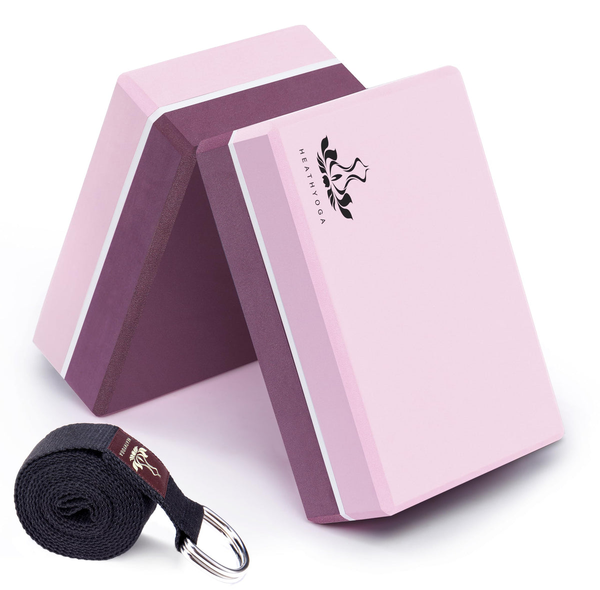 Heathyoga Yoga Blocks 2 Pack with Strap, High Density EVA Foam Yoga Block and Yoga Strap Set to Support and Improve Poses and Flexibility