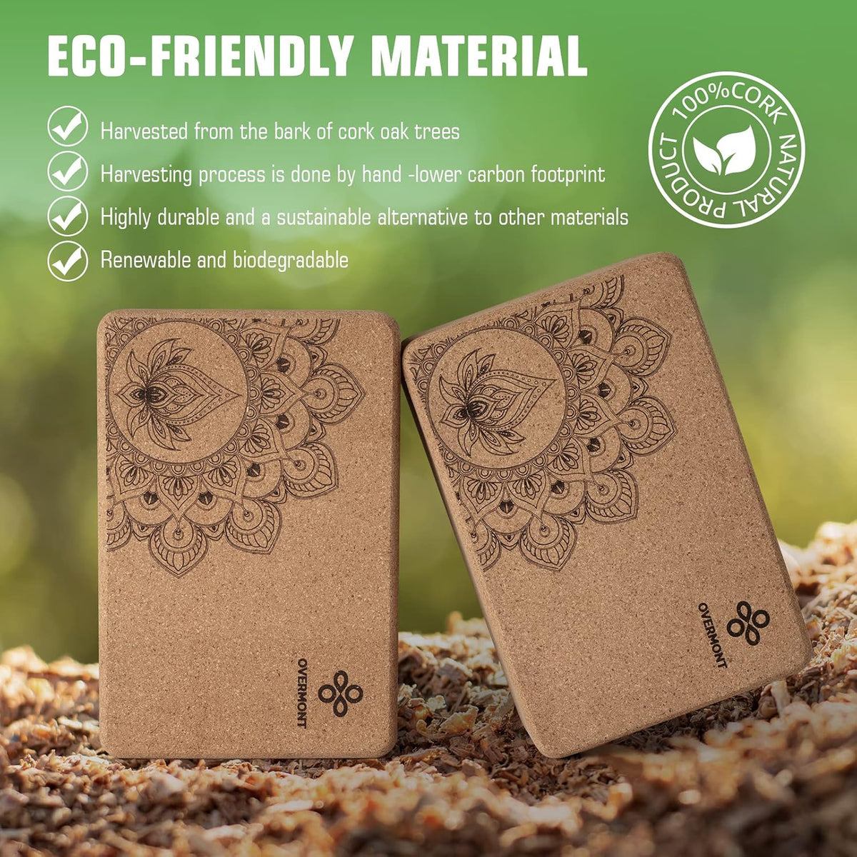 Overmont Cork Yoga Blocks 2 pack with 8ft Strap Natural Cork Bricks