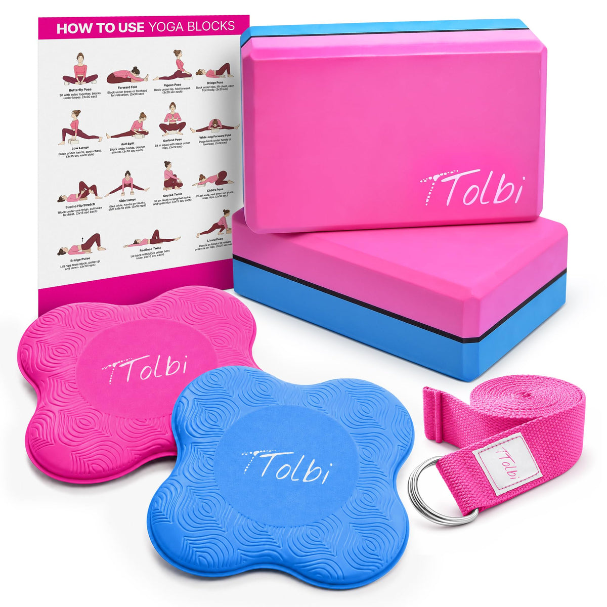 Yoga Blocks 2 Pack with Strap and Guide – Soft Non-Slip EVA Foam Blocks