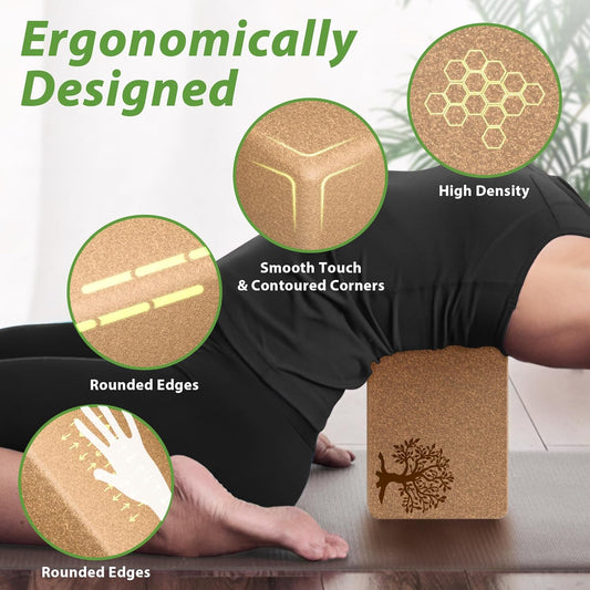 Cork Yoga Blocks 2 Pack Set, Natural High Density Non Slip Cork Yoga Bricks