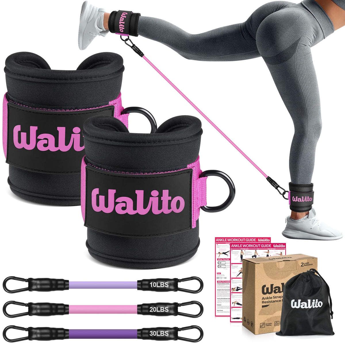 WALITO Ankle Resistance Bands with Cuffs, Exercise Bands for Legs and Butt, Booty Workout Equipment for Kickbacks and Hip Fitness Training