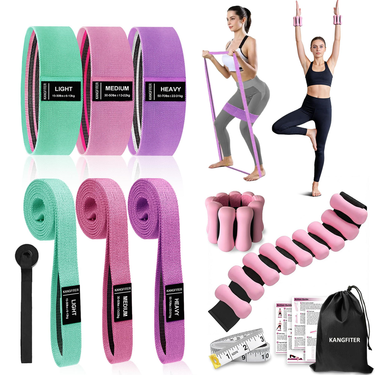 KANGFITER Long and Short 6 Fabric Resistance Bands Set with Door Anchor