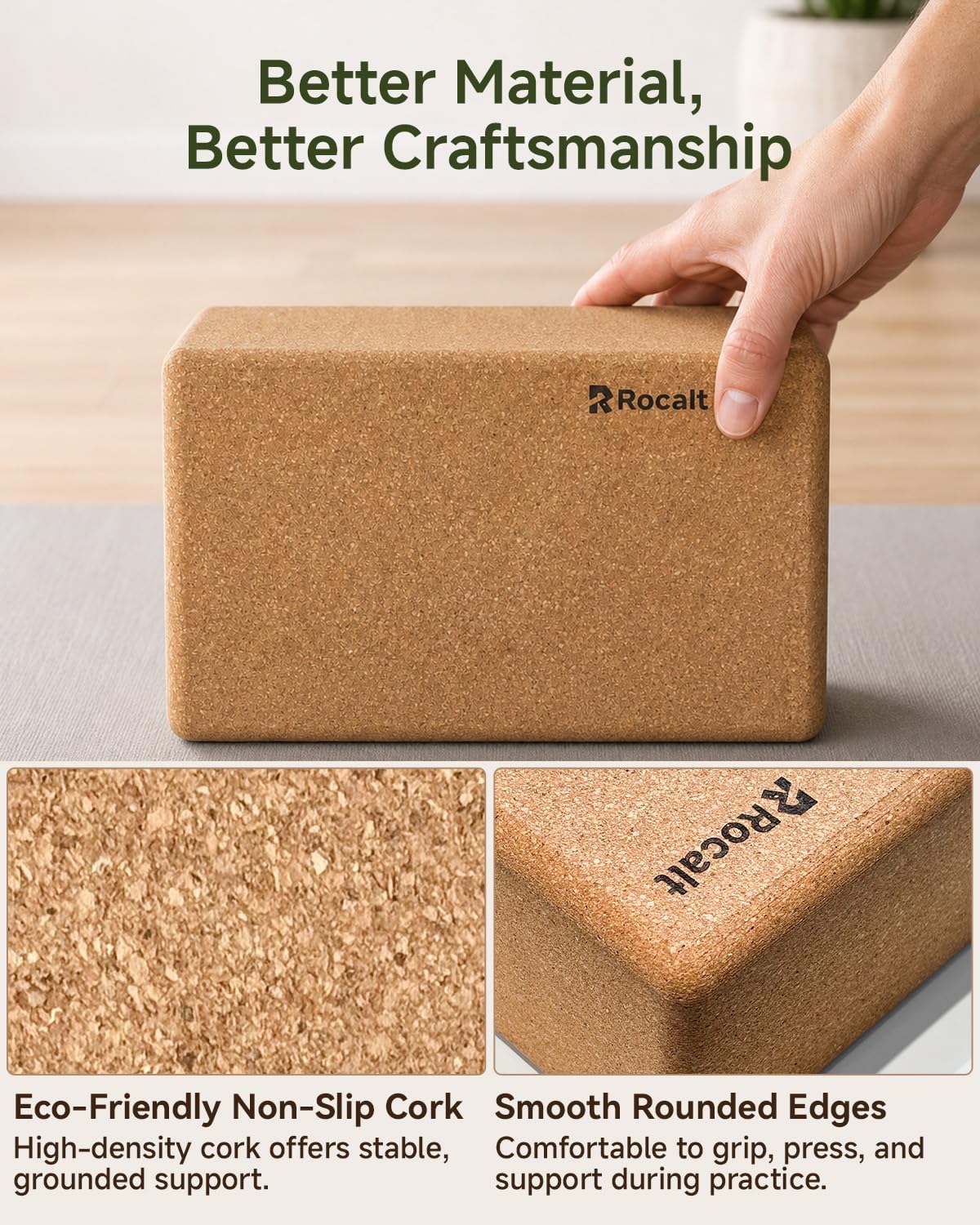 Rocalt Natural Cork Yoga Blocks 2 Pack with Strap and Storage Bag