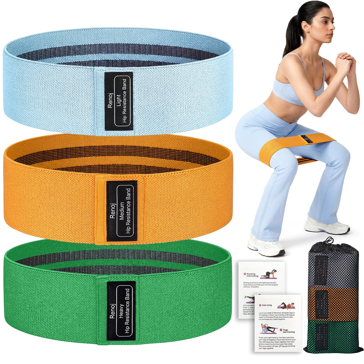 Renoj Resistance Bands for Working Out: 3-Set Professional Exercise Bands for Pilates, Yoga, Home Gym, Booty, Leg Training | Heavy/Medium/Light Fabric Loops for Women Men