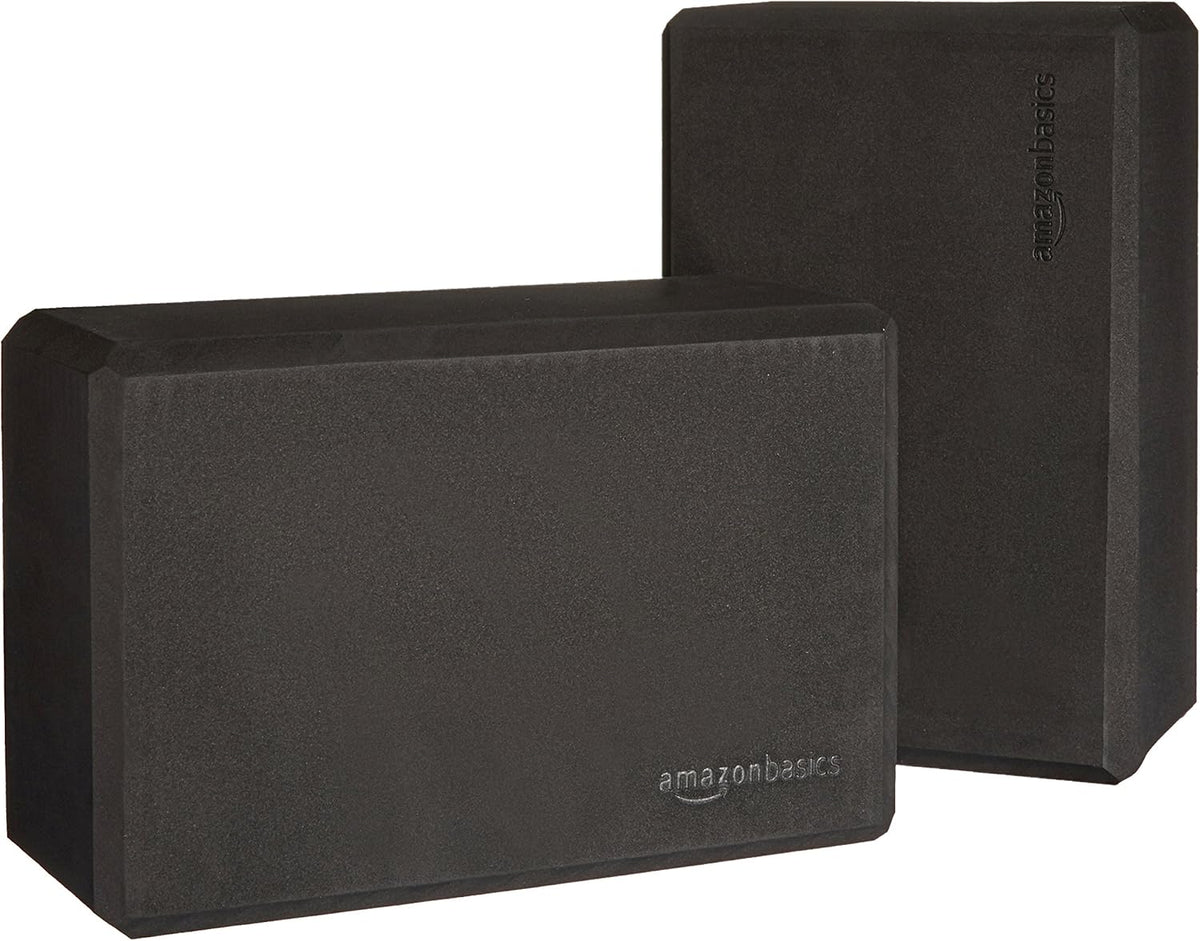Amazon Basics Non-Slip Yoga Blocks, Set of 2, Deepen Poses, 4" x 9" x 6", Black