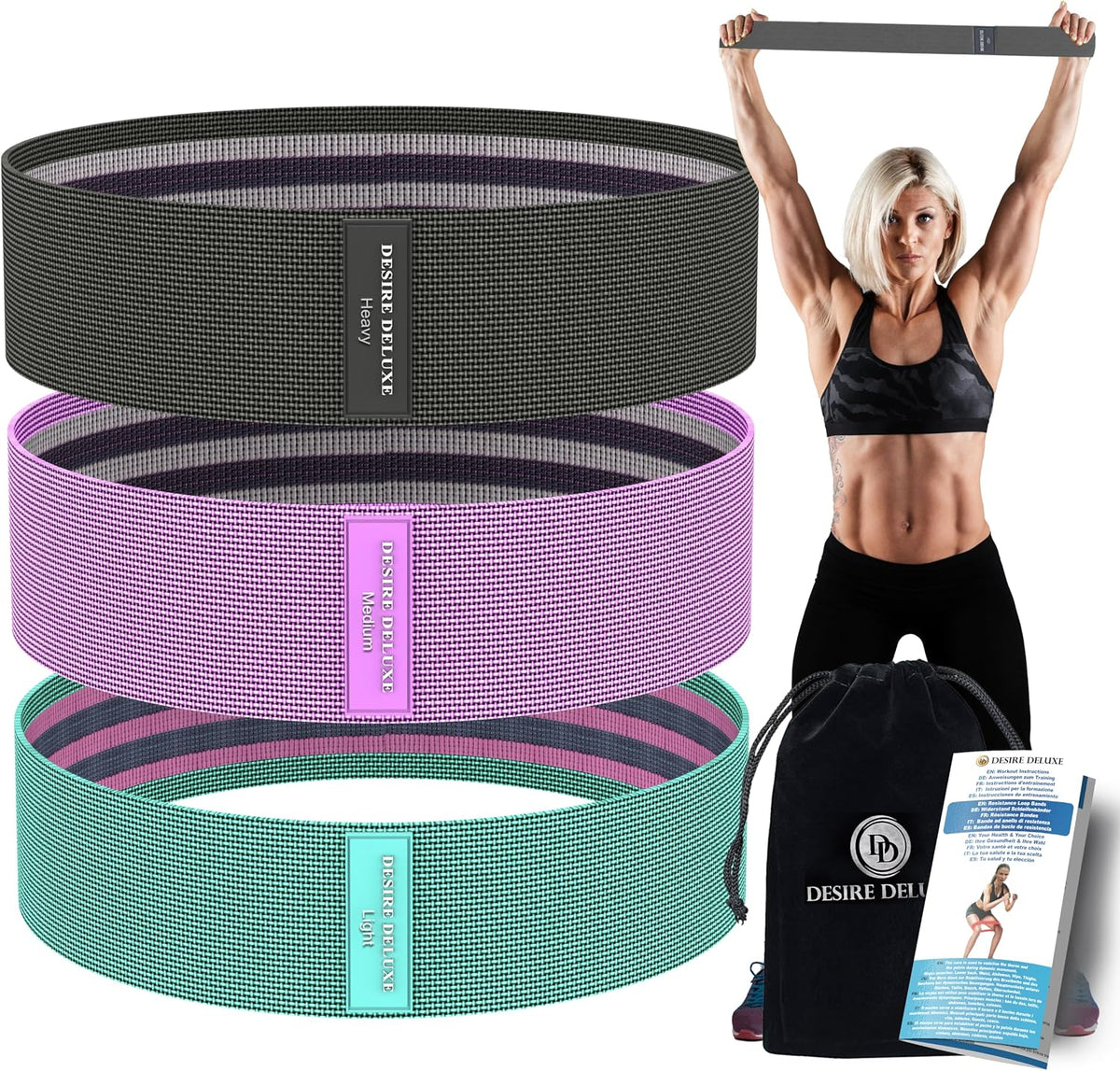 Desire Deluxe Premium Resistance Bands Set – Fabric Stretch Bands for Strength Training, Physical Therapy, Pilates & Yoga, Non-Slip Workout Bands for Men & Women (3 Pack)